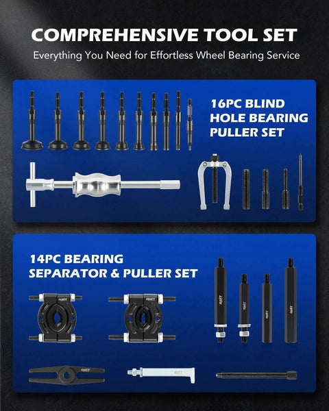Diagram of a 30 Piece Bearing Puller And Housing Removal Set for cars, ATVs, and light trucks showing blind hole bearing puller and separator set.