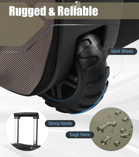 Close-up of 100L Extra Large Rolling Duffel Bag showing silent wheels, strong handle, and tough fabric in army green.