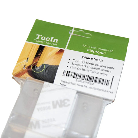 Packaging of Hands Free Cabinet Door Opener Foot Pull Adhesive Toe Kick 4 Pack No Touch Access For Kitchen Office And Home