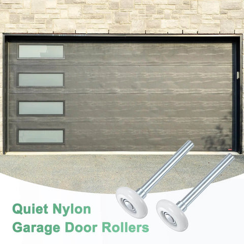 2-Pack Nylon Garage Door Rollers With Quiet 1.8 Inch Wheels And 4.3 Inch Stems in front of a modern garage door
