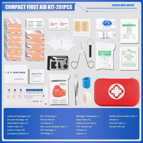 Mini Travel First Aid Kit With 201 Pieces Of Emergency Medical Supplies In A Waterproof Compact Bag for everyday carry with items spread out