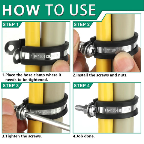 OURU 125pc stainless steel rubber-coated cushioned cable clamp kit with 1-1/4 inch clamps securing two tubes