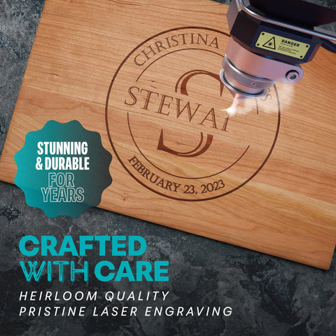 Custom Laser Engraved Charcuterie And Wood Cutting Board For Weddings And Anniversaries Personalize With Names Or Monogram In Cherry Wood