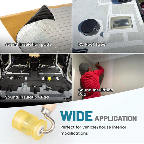 Auto sound insulation pads; silver quilted foil texture for noise reduction
RV roof tape; gray sealing tape around roof vent on flat roof
Automotive sound insulation pad installed on vehicle floor
Person installing sound insulation pad on interior wall
Vehicle interior sound insulation pad installed on floor area
3-in-1 rolling wheel roller for sound deadening mats; bearings and V-shape head