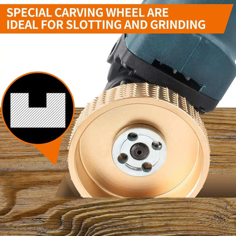 All In One Wood Carving Disc Set For Angle Grinders By Pomsare, showing a carbon steel disc attached to a tool on wood surface.