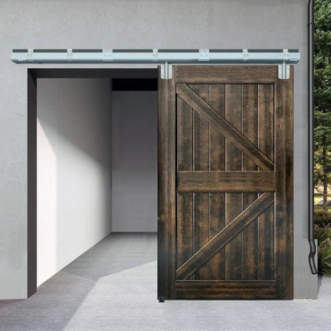 Outdoor setup of Heavy Duty Box Track Hanger With Bracket Kit For Exterior Sliding Barn Doors Two Pack Supports Doors Up To 300 Lbs