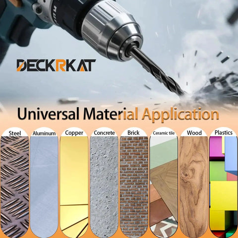 Image of drill showing various materials like steel, aluminum, and brick the Beefy 6-Piece Masonry Drill Bit Set can be used on.