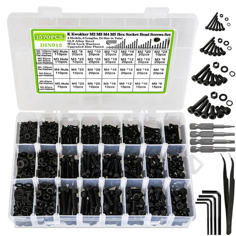 Nut And Bolt Kit With 1570Pcs M2 To M5 Hex Socket Head Screws, Nuts, Washers And Lock Washers, Zinc Plated Alloy Steel Fasteners