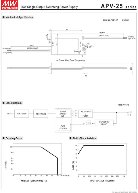 Technical diagram of 24V DC 1.05A 25W Constant Voltage Switching Power Supply With 90 to 264VAC Input And 47 to 63Hz, High Efficiency APV-25-24