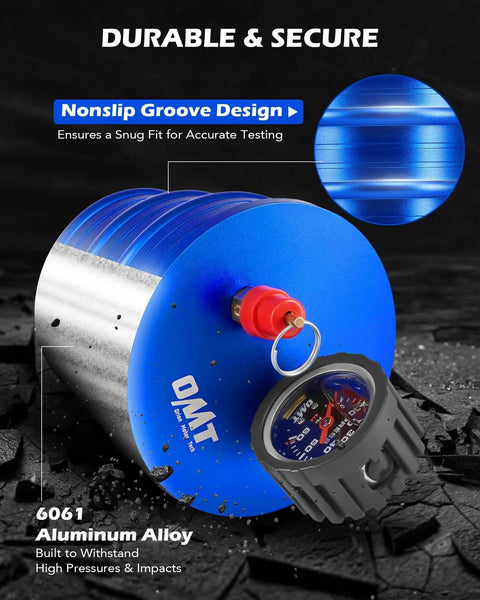 Close-up of blue aluminum Turbo System Leak Tester For Trucks with pressure gauge, shown on rugged surface.