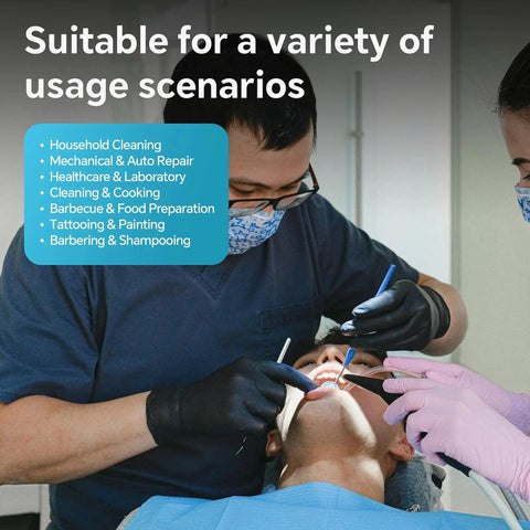 Dentist wearing Nitrile Gloves Heavy Duty 6 Mil Disposable Black For Cooking XL during a dental procedure
