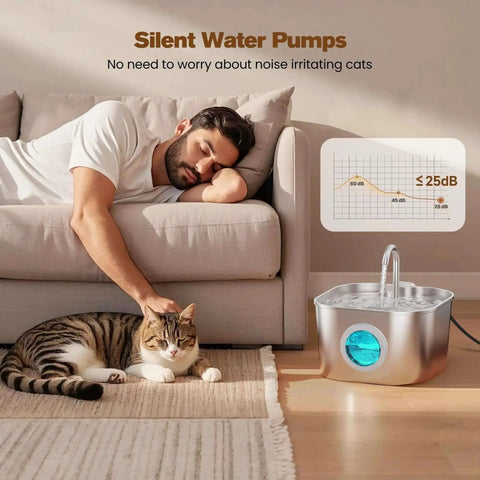 Quiet 5V stainless steel cat water fountain for cats and small pets with leak-proof design shown in cozy living room setting