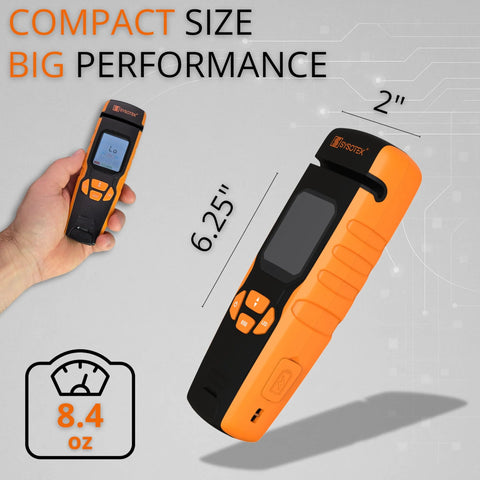 Optical Fiber Identifier OFI handheld tester; orange and black, USB-C rechargeable, 850–1700 nm; two units shown