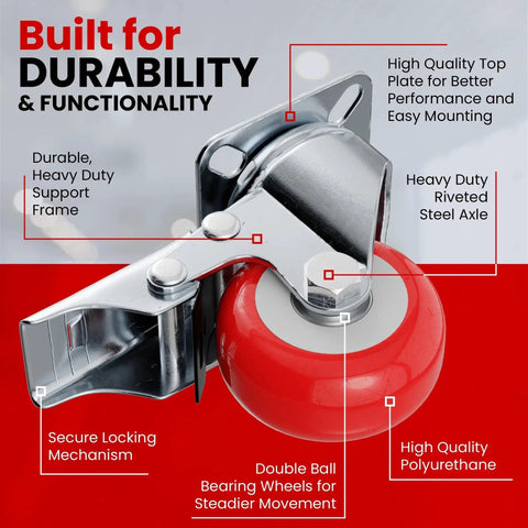 Close-up of red polyurethane 2 inch swivel caster wheel with brake, highlighting durable components and locking mechanism.