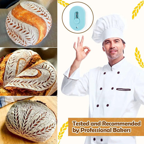 Magnetic Bread Lame For Sourdough Scoring No Swap Blade System Extractable Design Includes 5 Razor Blades next to scored breads