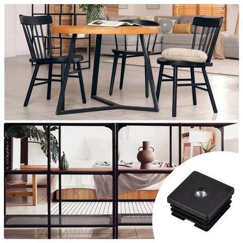 Four Pack M8 Threaded Inserts For One And A Half Inch Square Tube Black Plastic Plug Caster Inserts with image of chairs and table.