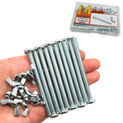 1/4-20 Wing Nuts And 1/4-20 X 3-Inch Phillips Head Machine Screws Kit shown in hand with clear plastic box