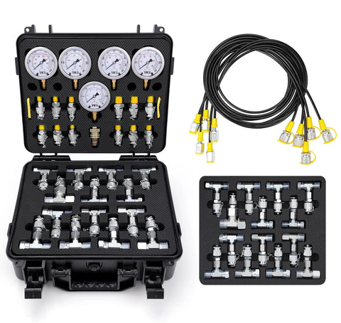 HOTROSE hydraulic pressure test kit in a hard case with 5 gauges, assorted metal fittings, and coiled test hoses
