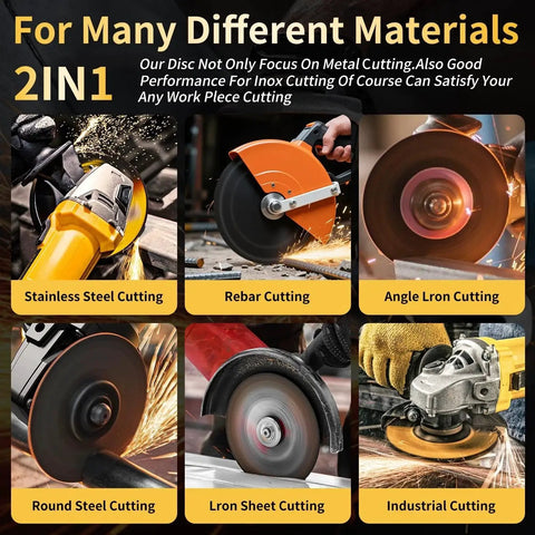 Collage showing 4 1/2 Inch Cut Off Wheel Pack For Angle Grinder Ideal For Metal And Stainless Steel Cutting in various uses