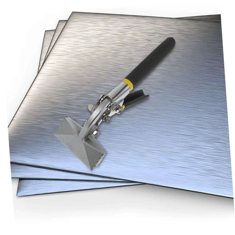 Metal Bending Pliers Form Edge Seamer Hand Seamer Tool on metal sheets, tight clamp design for roofing and window frame installation.