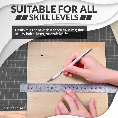 Person cutting Premium Basswood Sheets for Crafts 3mm Thick for Laser Cutting and Wood Burning 12 by 12 Inch with craft knife.
