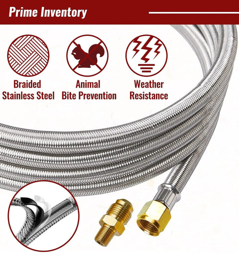 5ft braided stainless steel propane regulator hose with brass fittings and QCC1 and 3/8 in. female connectors.