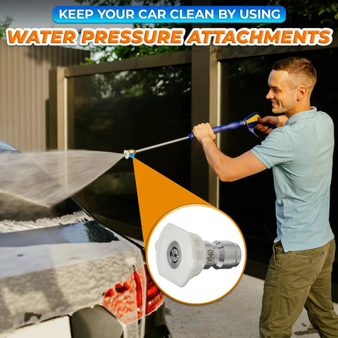 Man using Five Piece Pressure Washer Nozzle Tip Set With One Quarter Inch Quick Connect for car cleaning