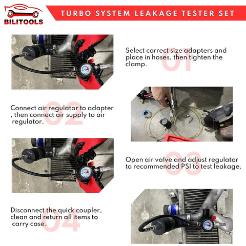 Turbo System Leakage Tester Kit for Turbocharger and Boost Lines Nine Piece Set With Low Pressure Shop Air in use