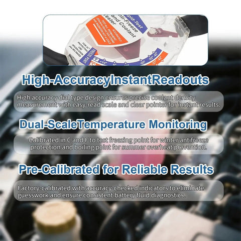 Front view of KINGTAIXIN coolant tester accessory with antifreeze bottle in a car engine bay.