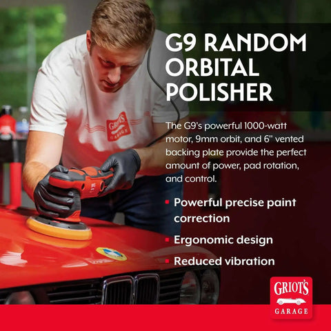 Man using G9 Random Orbital Polisher with Powerful 1000 Watt Random Orbital Polisher For Car Detailing With Dual Action Buffer Swirl And Scratch Removal on car hood
