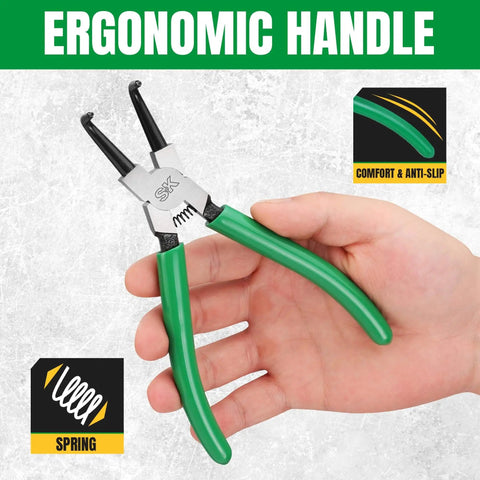 7 Inch Snap Ring Pliers With 90 Degree Bent Jaw For Internal Circlips held in hand, ergonomic green handle, CR-V steel.