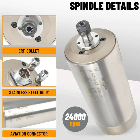 Close-up of Beefed Up 1.5KW Water Cooled CNC Spindle Kit with 80mm Mount and ER11 Collet showing spindle details