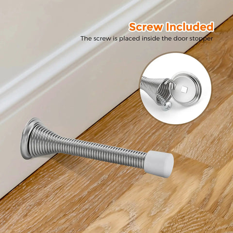 Spring Door Stops With Rubber Bumpers Satin Nickel 12 Pack For Bottom Of Door installed view showing wall protection
