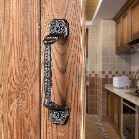 Sliding Barn Door Handles Set Of 4 In Dark Brown Cast Iron With Vintage Rustic Finish long gate pull installed on kitchen door