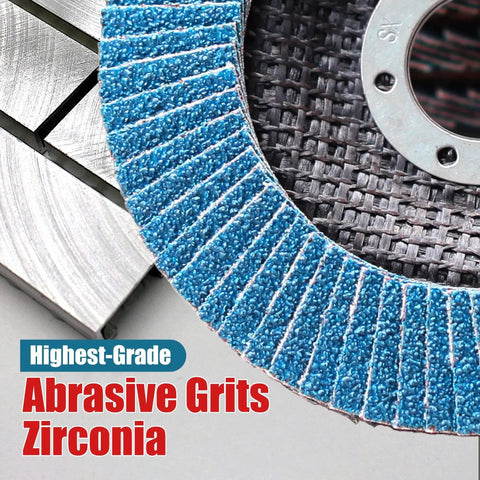 Close-up of 40 Grit Flap Disc Type 29 4 1/2 X 7/8 Zirconia For Stainless Steel Pack Of 10 against metal surface.