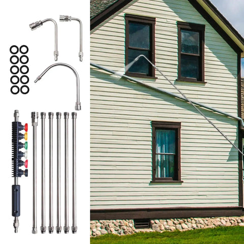 Pressure Washer Extension Wand Set, 15 Inch Stainless Steel Lance Kit With 30 Degree, 90 Degree And U Shaped Wands, Six Nozzle Tips And Ten Replacement Rings, One Quarter Inch Quick Connect, Gutter Cleaner Attachment, Up To 4000 PSI in use cleaning a house wall