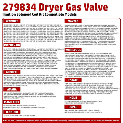 Front view of 279834 dryer gas valve ignition solenoid coil kit compatibility chart with Whirlpool, Maytag, KitchenAid