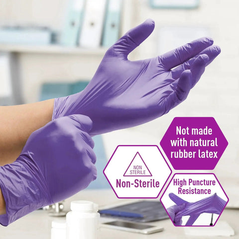 Person wearing Powder Free Nitrile Exam Gloves Iris Blue Medium Box Of 100 For Medical Labs Hospitals And Professional Use
