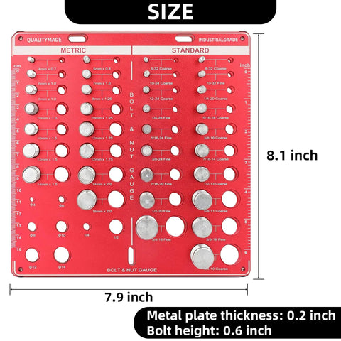 Front view of Pro Grade Nut And Bolt Thread Checker Gauge Kit with 42 Size Guide, featuring metric and standard thread sizes.
