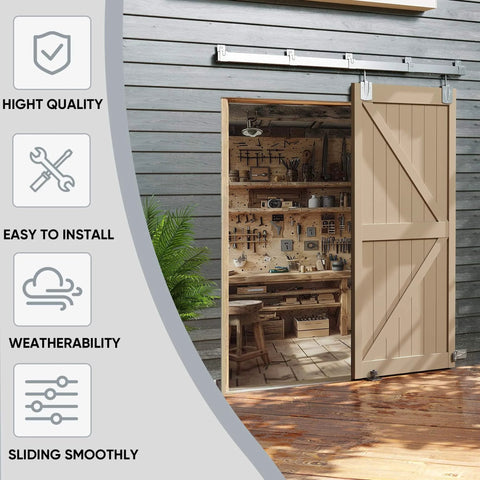 8 Foot Box Rail Exterior Sliding Barn Door Hardware Kit Heavy Duty Track System, installed on wooden wall with open door.
