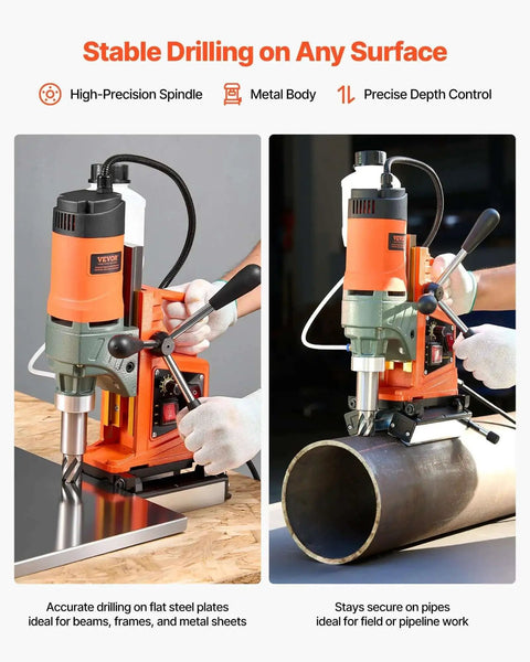 Magnetic Drill Press Workhorse With 1400W Power 2 Inch Boring Diameter 0 To 750 RPM Variable Speed Reversible Direction Includes 6 Core Bits Electric Mag Drill for flat metal sheets and pipes