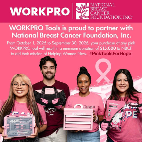 Group of four people holding pink WorkPro tools with National Breast Cancer Foundation partnership banner in the background.