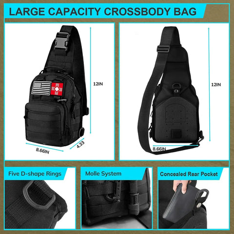 Front and back views of 251 Piece Emergency Survival Kit With Crossbody Bag, featuring MOLLE system and concealed rear pocket.