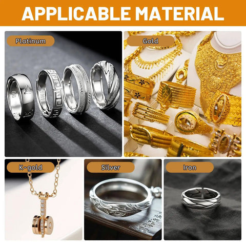 Applicable metals for jewelry welding: platinum, gold, K-gold, silver, iron displayed with rings and jewelry pieces.