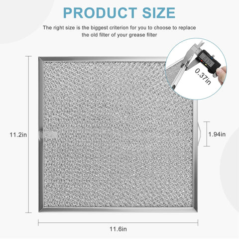 Range Hood Grease Filter 11 1/4 by 11 3/4 by 3/8 Inches Two Pack Compatible with Broan NuTone Kenmore Hoods Replacement S99010316 990721400 8558 Easy To Install shown with measurements