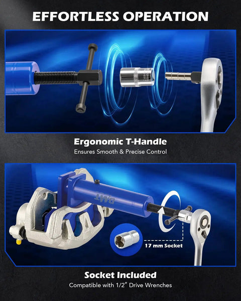 Orion Motor Tech caliper piston compressor tool with ergonomic T-handle; includes 17 mm socket for 1/2" drive