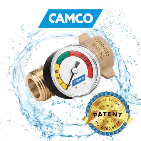 Camco brass water pressure regulator with gauge, easy-read dial for RV water supply