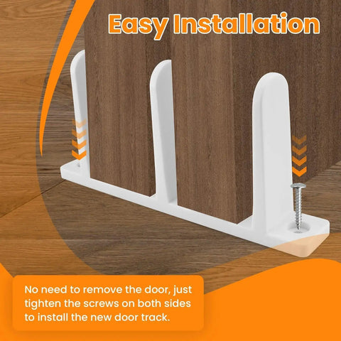 Four Pack White Sliding Closet Door Floor Guides Universal ABS Bottom Hardware For One And Three Eighths Inch Thick Cabinet Doors Track Bracket Replacement Parts With Screws For Easy Installation And Durable Performance shown installed on wood floor.