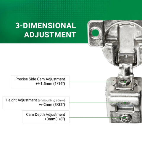 Close-up of Premium USA Made Grass TEC 864 Overlay Self Closing Cabinet Hinges showcasing 3-way adjustment features