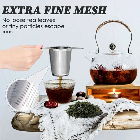 Extra Fine 18 8 Stainless Steel Tea Infuser Mesh Strainer with large capacity and double handles in use over a teapot and cup